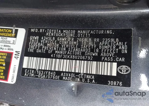 2011 Toyota Camry Le z USA, uszkodzony, nr VIN 4T1BF3EKXBU206792